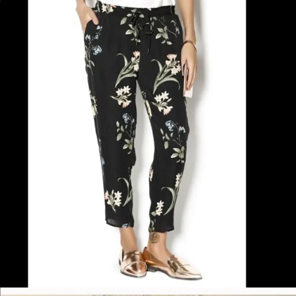 Joie Black Botanical Floral Black 100% Silk Pants